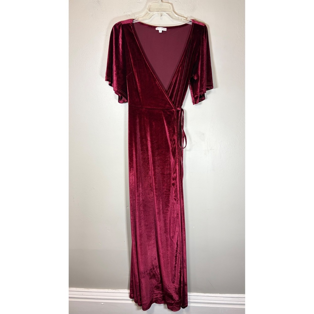 Baltic Born Velvet Wrap Maxi Dress Womens S Burgundy Wine Flutter Sleeve Wedding